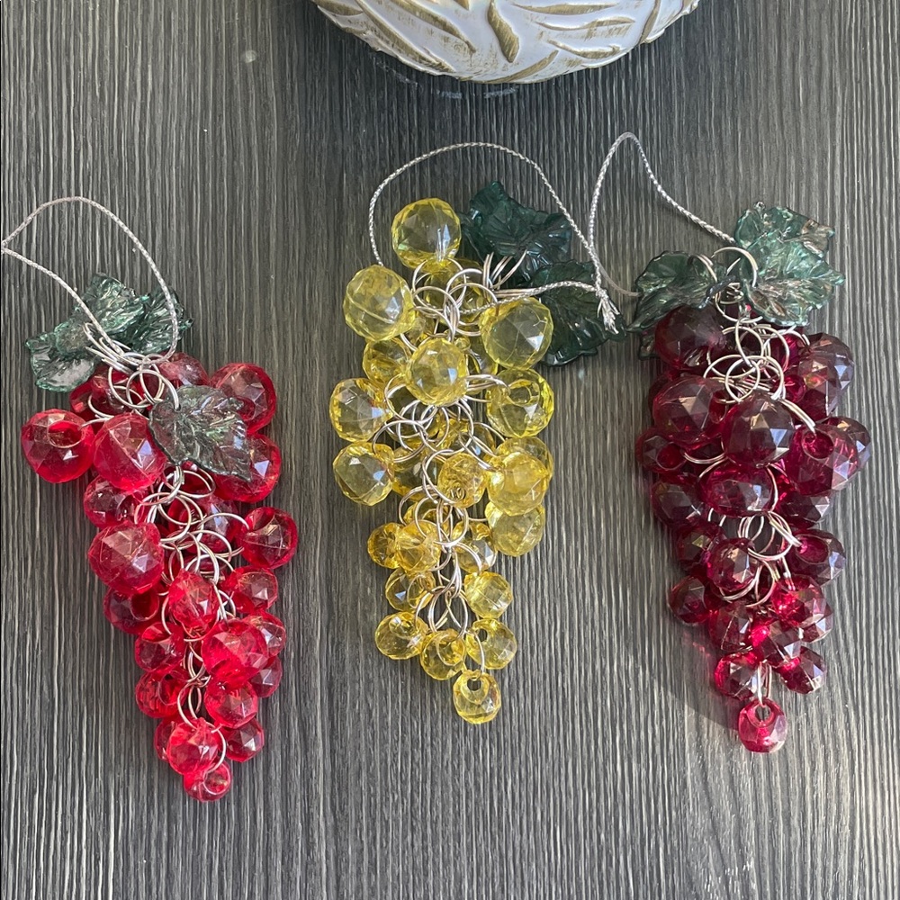 Lot of 3 Colorful Clusters Beaded Acrylic Grape Ornaments Red Green Purple